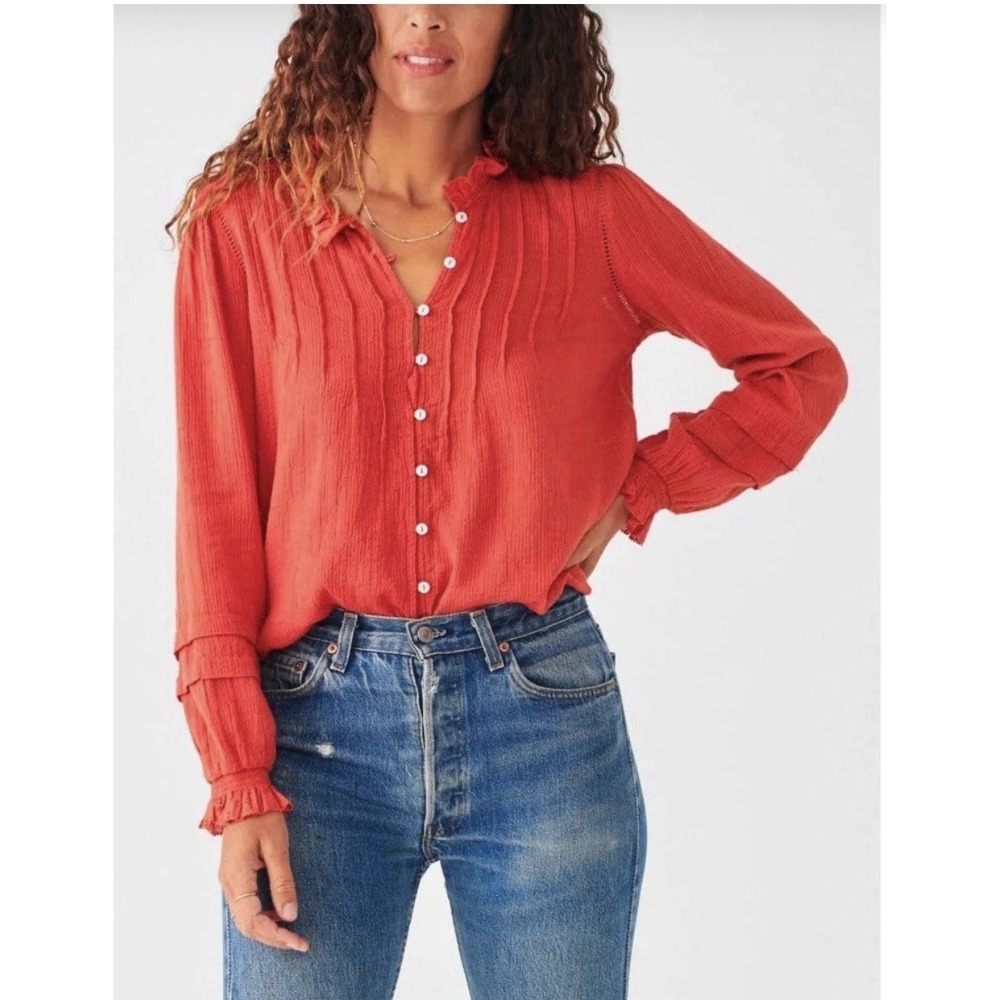 Faherty Willa Ruffle Button Blouse S Organic Cotton Blood Orange Peasant Boho - Picture 2 of 9